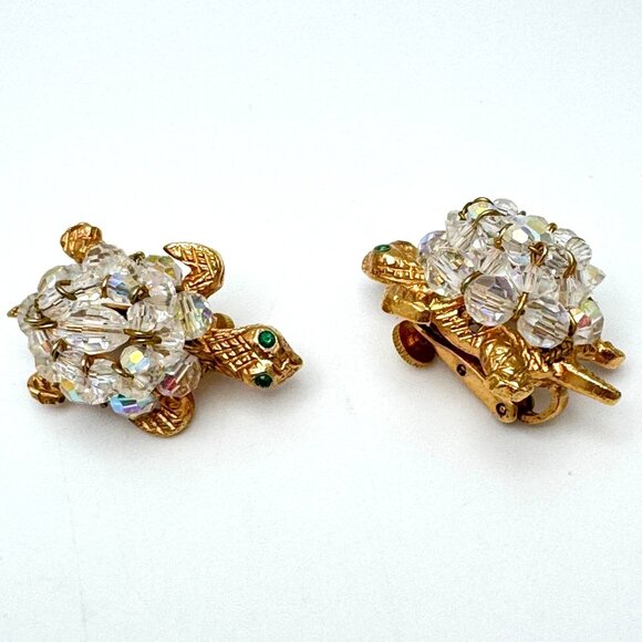 Turtle 50s Clip-On Earrings Gold Tone Green Clear Rhinestone Vintage Design - Picture 5 of 8